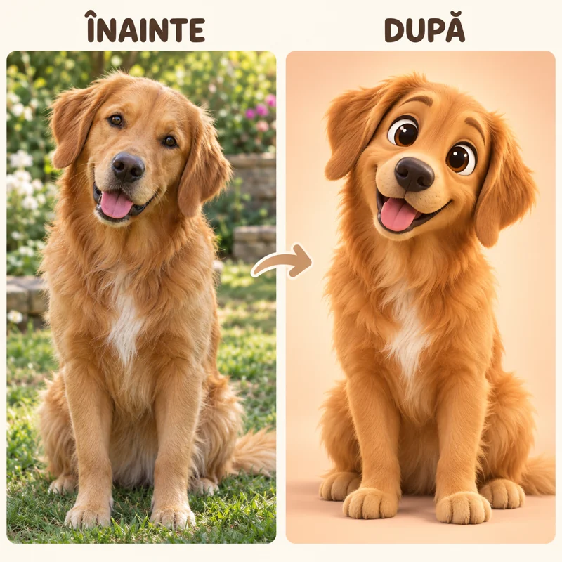 Fotografie și exemplu cartoon de golden retriever în aceeași imagine