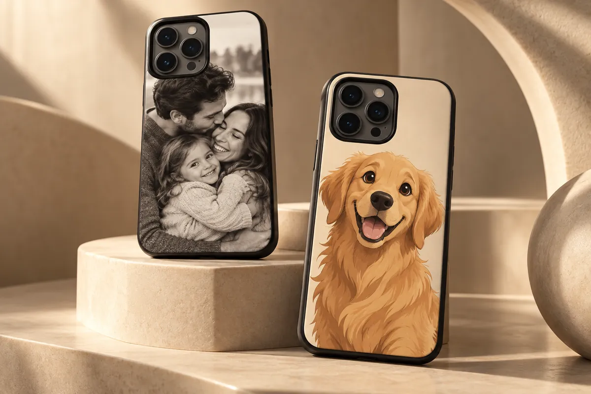 Două huse personalizate: o fotografie de familie și un portret cartoon de câine